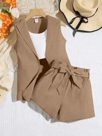 Sleeveless Vest Jacket With Bow Tie Belt & Shorts Set, Casual Fashion Outfit For Teenage Girls