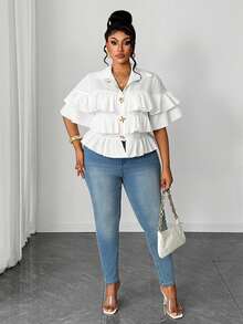 Maweii Blusa romántica de estilo francés con diseño de volantes multicapa para mujer de talla grande - Blanco - Ver 3