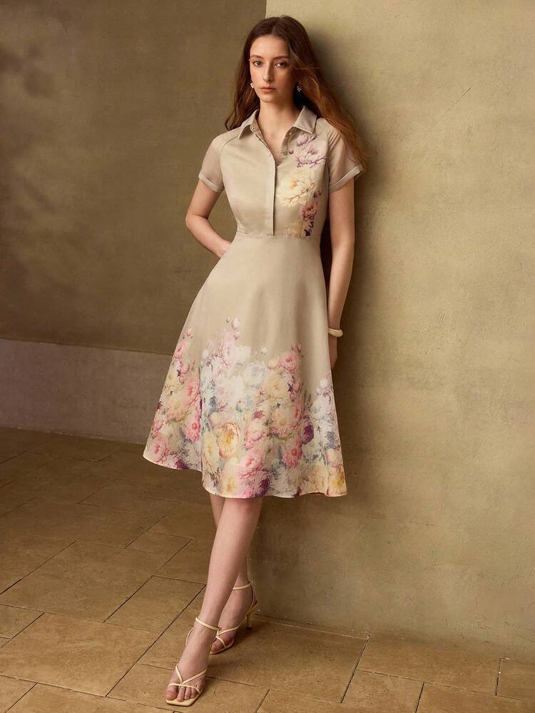 FLORAL PRINT RAGLAN SLEEVE FLARE HEM DRESS MAXI ORGANZA WOMEN OUTFIT