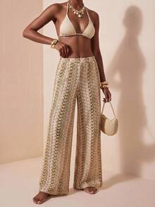 Zivah New Women's Vacation Casual Beach Pool Party Semi-Sheer Hollow-Out Jacquard Fabric Long Pants Coverup Summer - Yellow - View 8