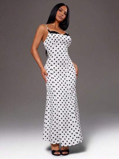 Radiana Women's Sexy Elegant Lace Patchwork Satin Dress, Retro French Elegant Romantic Polka Dot Dress, Sexy Spaghetti Strap Fishtail Dress, Fitted Satin Dress, Suitable For Daily Outings, Nights, Dates, Gatherings, Birthdays, Parties, Evenings, Banquets, Cocktail Parties, Balls, Vacations, Holiday Trips