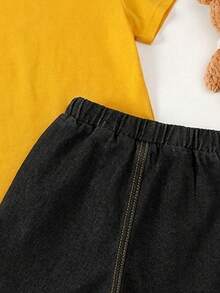 SHEIN Little Byeori 2件套儿童/青少年男童休闲百搭舒适圆领宽松短袖针织T恤和牛仔短裤套装，适合返校穿着 - 黃色 - 查看 5