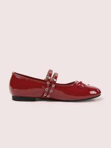 CUCCOO DOLLMOD Sepatu Wanita dengan Pita, Ujung Bulat, Sol Datar, Nyaman, Gaya Vintage, Satin, Warna Burgundy, Cocok untuk Kencan Sehari-hari - Merah - View 9