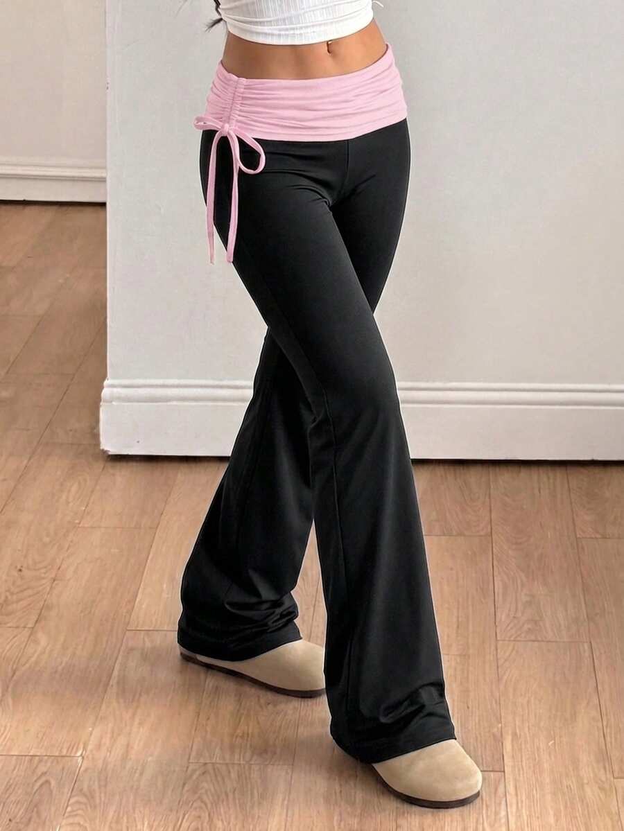 Tween Girls' Vintage Side Drawstring Y2K Flare Pants, Streetwear Versatile - Pink - View 1
