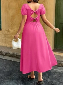 Sunserae Gaun Tenun Wanita Warna Polos Lengan Mengembang Leher Persegi Pita Tanpa Punggung Belahan di Bagian Bawah - Hot Pink - View 1