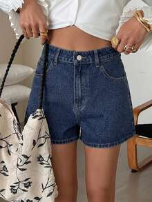 DAZY Women's Casual Solid Color Washed Shorts, Spring/Summer - Dark Wash - View 3