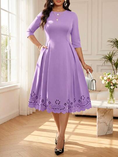 SHEIN Lady Vestido de fiesta midi de mujer de unicolor con cuello redondo y cintura ceñida elegante