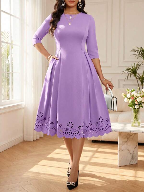 SHEIN Lady Vestido de fiesta midi de mujer de unicolor con cuello redondo y cintura ceñida elegante