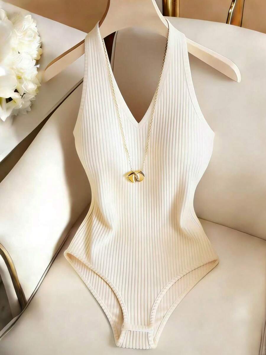 Franclia 女士夏季休闲纯色露背吊带连体衣 - 杏色 - 查看 1
