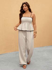 Elaquor Ensemble 2 pièces grande taille pour femmes, top bébé-poupée à bordure contrastée et pantalon large pour l'été, les vacances et les déplacements quotidiens - Nude - Voir 3