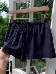 Comfortcana Pantalones cortos de mujer casuales y sueltos con cordón, pantalones cortos de lino de uso diario versátil en azul marino - Azul Marino - Ver 8