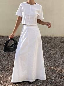 Spring & Summer White Cropped Top And A-Line Mini Skirt Set, Casual Vacation Beach Style, Elegant For Commute, Suitable For Valentine's Day, Wedding Lounge Sets For Women - White - View 2