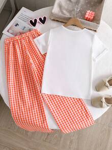 SHEIN Tween Girl Casual Cherry Letter Print T-Shirt And Plaid Pants Set - Orange - View 2