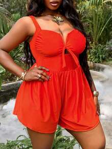 Slaydiva Plus Size Women's Solid Color One-Piece Spaghetti Strap V-Neck Tie-Front Tankini Swimsuit - Orange - View 5