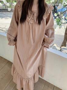 Dazy Plus Plus Size Women Ruffled Lantern Sleeve Long Nightgown, Sweet Home Dress For Spring & Summer Pajamas - Khaki - View 6