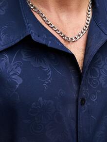 Manfinity Homme Plus Size Men's Navy Blue Floral Print Front Button Short Sleeve Shirt - Navy Blue - View 3