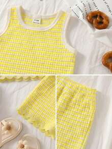 SHEIN Vintaside Kids 2件組女嬰白色與黃色夏季可愛度假提花條紋蕾絲飾邊背心與短褲，韓/歐風女嬰時尚套裝 - 黃色 - 查看 5
