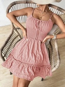 Breezaya Vacation Casual Front Tie Bow Floral Ruffle Trim Pleated Gingham Print Spaghetti Strap Dress Zoey Outfit Pink Zanea Dress For Woman Yisikado Dress Ladies Dresses Summer Outfits For Women Dress Women Dress Picnic Dresses For Women Casual Vacation Dress Beach Sunbathing Dress - Baby Pink - View 6
