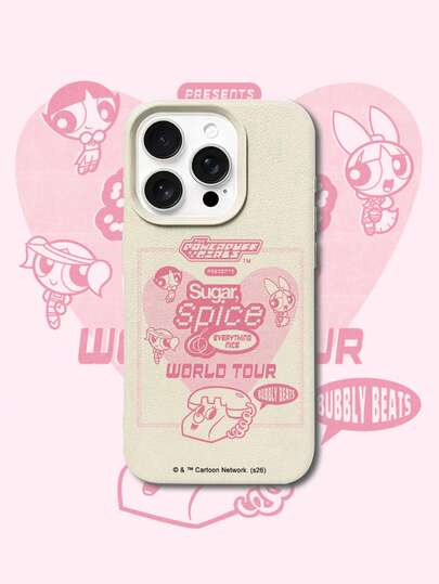 THE POWERPUFF GIRLS X SHEIN Ốp lưng điện thoại Powerpuff Girls ba nhân vật, họa tiết trái tim, âm nhạc, điện thoại, chữ cái, chất liệu da giả màu trắng, chống sốc, chống rơi, tương thích với Apple iPhone 13/14/15/15Pro/16/16Pro/17Pro, bán chạy nhất, phù hợp sử dụng hàng ngày.