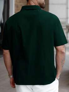 Manfinity Homme Plus Size Men's Solid Color Short Sleeve Zip-Up Shirt - Dark Green - View 2
