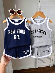 SHEIN Playful Pals Bộ 4 món áo ba lỗ thêu và quần short thể thao cho bé trai, kiểu dáng năng động, thích hợp cho mùa hè. - Nhiều màu - Xem 1