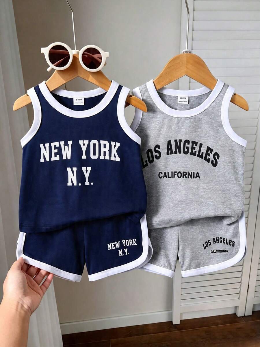 SHEIN Playful Pals Bộ 4 món áo ba lỗ thêu và quần short thể thao cho bé trai, kiểu dáng năng động, thích hợp cho mùa hè. - Nhiều màu - Xem 1