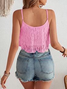 SHEIN VCAY Camiseta de punto con parches de encaje y bajo asimétrico - Rosa - Ver 2