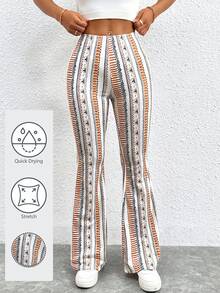 SHEIN PETITE Geometric Printed Flare Bottoms, Summer Boho Pants - Multicolor - View 1