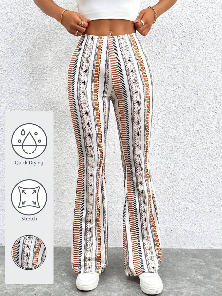 SHEIN PETITE Geometric Printed Flare Bottoms, Summer Boho Pants - Multicolor - View 1