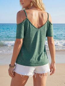 SHEIN LUNE Solid Cold Shoulder Tee - Green - View 2