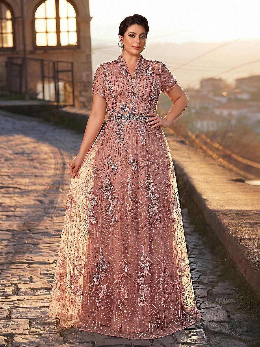 Serin Plus Size Elegant Dusty Pink Summer Wedding Formal Dress,Short Sleeve French Embroidered Mesh Pearl Crystal Decor A-Line Mother Of The Bride Gown