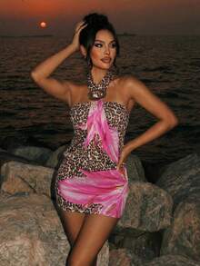 Sirith Women's Backless Sleeveless Fitted Leopard Print Halter Neck Dress - Multicolor - View 7