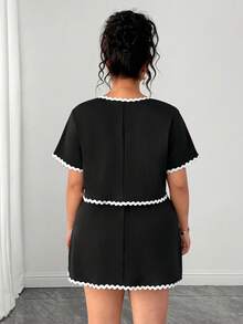 Elenzga Conjunto de 2 piezas para mujer talla grande de primavera/verano con elegancia francesa, bloque de color con cinta ondulada y bloque de color con botón de cuello redondo, blusas de salida de manga corta, con recorte de cinta ondulada de bloque de color, falda pantalón de negocios casuales para el verano - Blanco y Negro - Ver 2