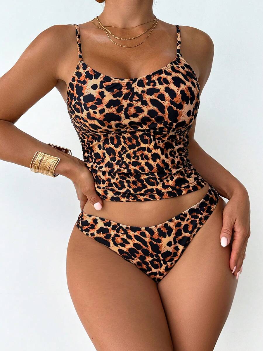 SHEIN Swim 豹纹可调节肩带性感女士背心吊带比基尼套装,夏季 - 咖啡棕 - 查看 1