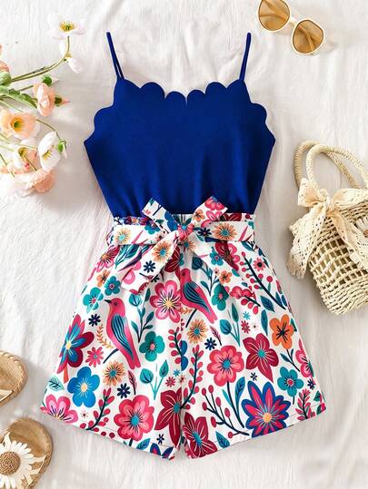 SHEIN Bộ áo liền quần họa tiết hoa phối nhiều mảnh dành cho bé gái tuổi teen, kiểu dáng thường ngày.