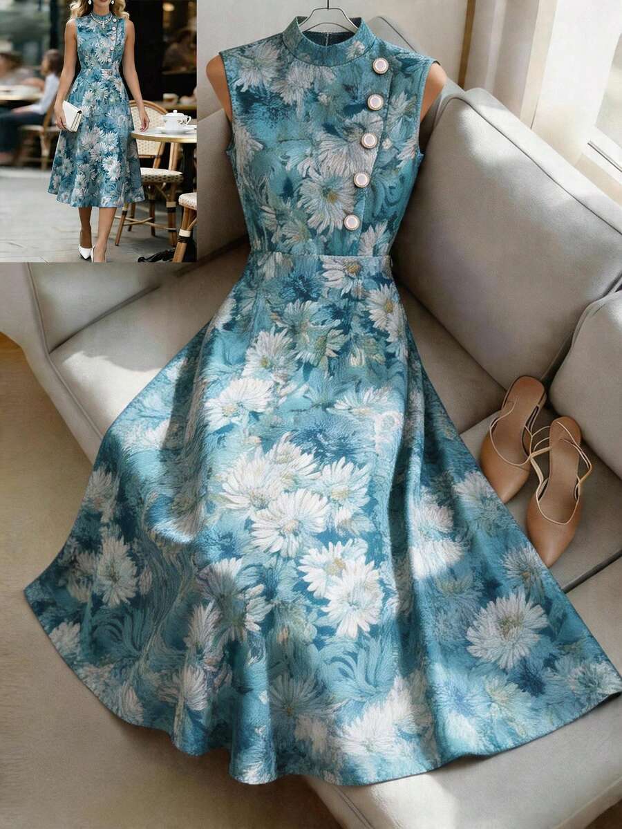 Selianne 女款藍白花卉夏季優雅婚禮賓客提花花卉綠色無袖珍珠鈕扣長款中長洋裝度假通勤 - 綠色 - 查看 1