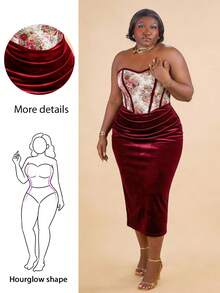 CurvyTilda Plus Size Women Vintage Floral Corset Patchwork Strapless Long Dress In Bronte Red – Romantic Vintage Court Dress For Date, Party, Prom, Festival, And Birthday Wear Valentine's Day Outfit, For Hourglass Body Shape - Multicolor - View 1