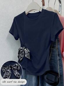 SHEIN Franclia Women's Casual Tie-Up Asymmetric Hem T-Shirt, Summer - Blue - View 3