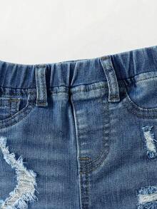 SHEIN Pantaloni scurți din denim pentru bebeluși, casual, moi, drăguți, rupți, uzați, cu margini aspre, pentru vară - Spălare medie - Vizualizare 6