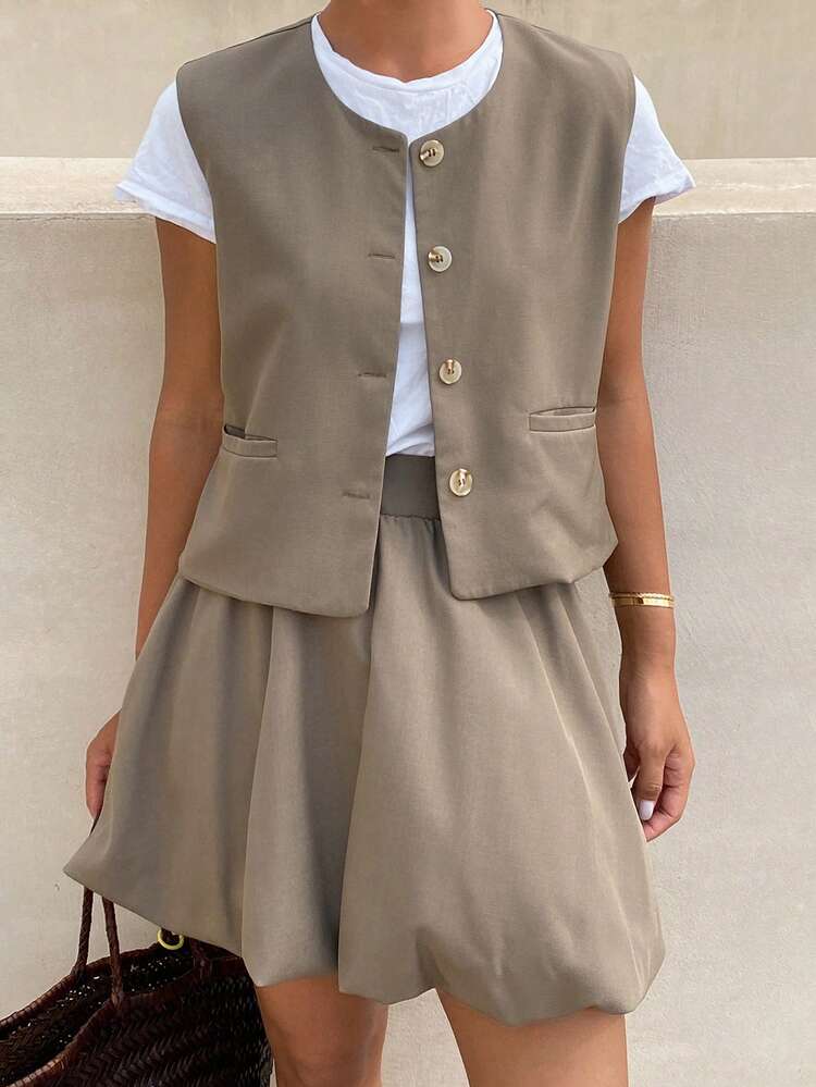 Women's Solid Color Crew Neck Sleeveless Jacket And Ruffle Mini Skirt Casual Summer 2-Piece Set