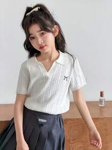 Dazy Kids Tween Girls' Bow Embroidery Short Sleeve Casual Knit Top - Beige - View 9