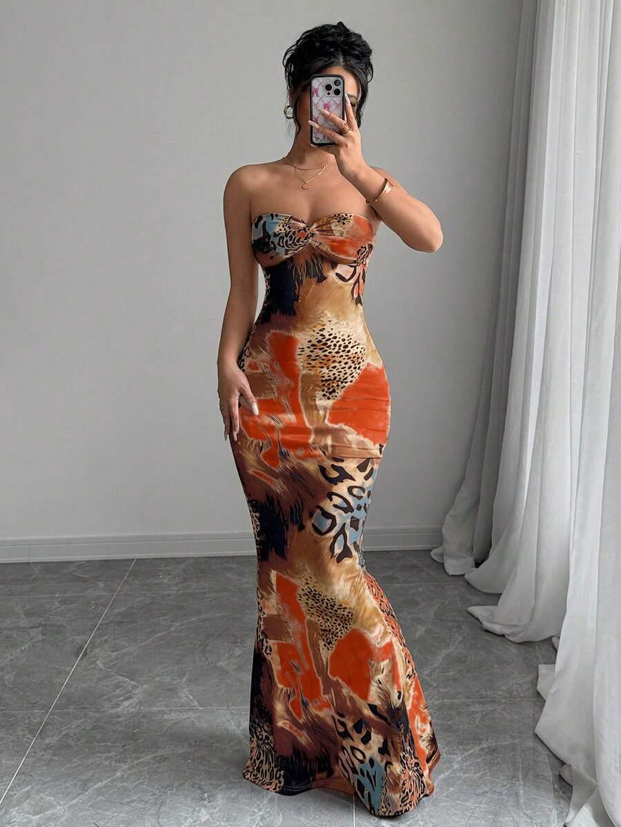 SHEIN Raffinéa Đầm ôm sát không tay, lưng xoắn, khoét rỗng, buộc dây, họa tiết da báo. - Nhiều màu - Xem 1