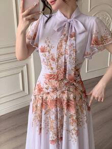 Modelyn Tie-Waist Ruched Placement Print Flare Dress For Women - Mauve Purple - View 4
