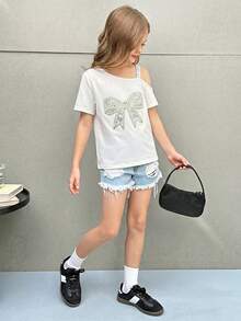 Firerie Kids Firerie Kids Nova Glow Tween Girl Casual Vacation Solid Color Knitted One Shoulder Short Sleeve Blouse - White - View 4