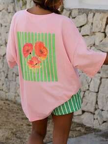 CasuGlow Women's Two Pieces Graphic Summer Set Featuring An Oversized Short-Sleeve Tee With Tropical Print And Matching Vertical Striped High-Waisted Shorts, Pinterest Look, Casual Summer Colleciton - Multicolor - View 1