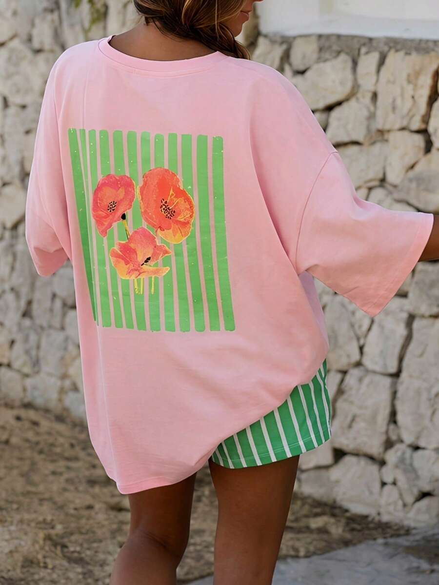 CasuGlow Women's Two Pieces Graphic Summer Set Featuring An Oversized Short-Sleeve Tee With Tropical Print And Matching Vertical Striped High-Waisted Shorts, Pinterest Look, Casual Summer Colleciton - Multicolor - View 1