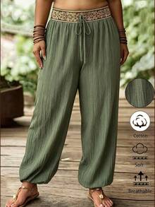 Weeklong Plus Size Women's Casual Vacation Contrast Color Waist Lantern Pants, Suitable For Daily Wear And Vacation - Army Green - View 1