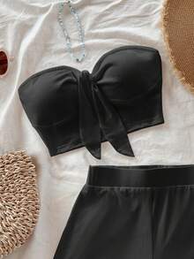 Soleia 2pcs/Set Women Solid Color Casual Crop Top And Shorts Set, Suitable For Summer Vacation Beach Outfits Two Pieces No Chest Padding - Black - View 4