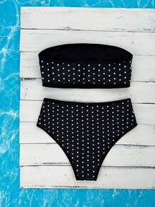 Swim Vcay Bộ đồ bơi nữ 2 món cho kỳ nghỉ xuân hè, gồm áo quây và quần bơi cạp cao in họa tiết ngẫu nhiên. - Đen và trắng - Xem 5