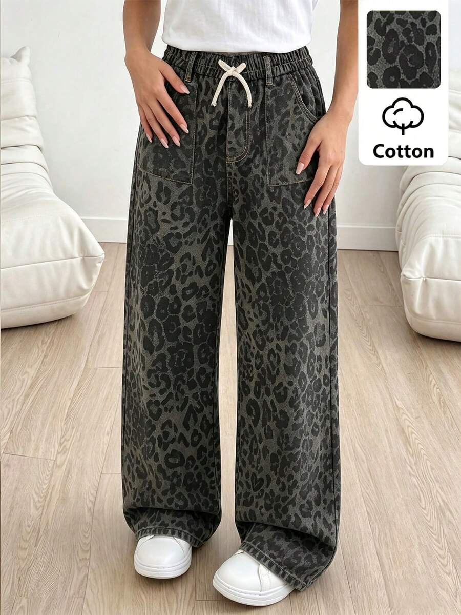 Quần jeans ống rộng thoải mái, dáng suông, cạp chun, họa tiết da báo, dành cho bé gái tuổi teen, thích hợp mặc mùa hè. - màu đen - Xem 1